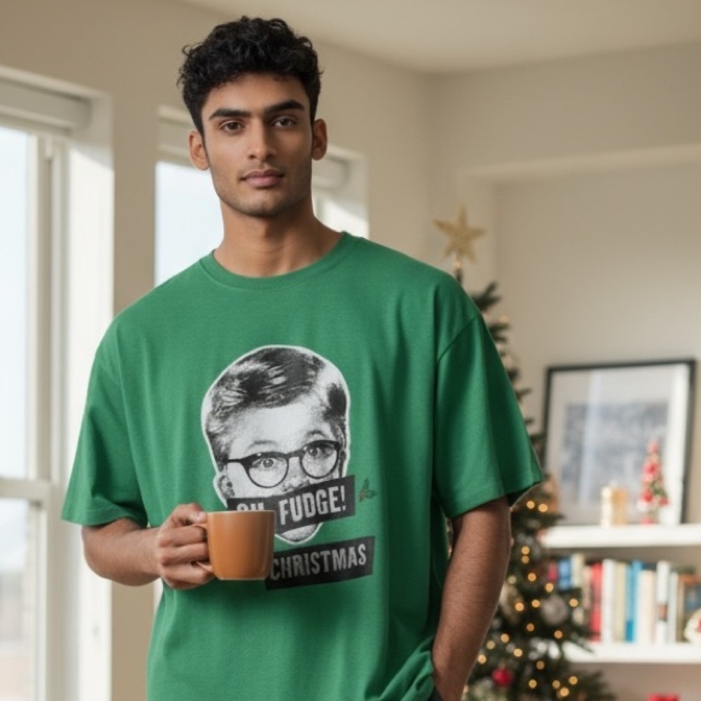 A Christmas Story Oh Fudge It’s Christmas T-Shirt Ralphie Green Crew Neck Tee xL